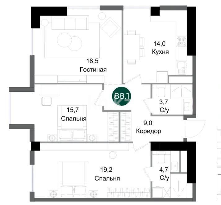 Продажа 3-комнатной квартиры, 88.1 м² - Продажа трехкомнатных квартир от собственников в Алматы - страница 7 фото 1 из 1