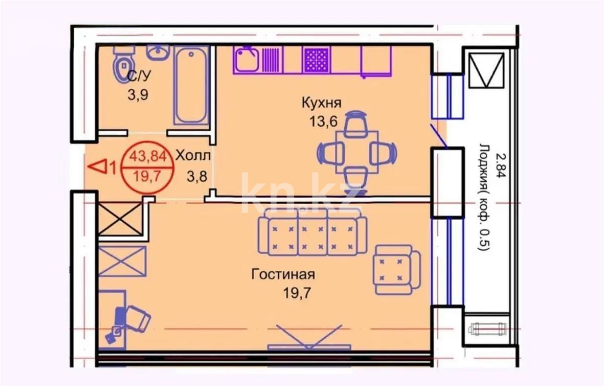 Продажа 1-комнатной квартиры, 43.84 м², пр. Тауелсыздык, дом  34/8 стр - Продажа квартир в Астане без посредников с фото фото 1 из 1