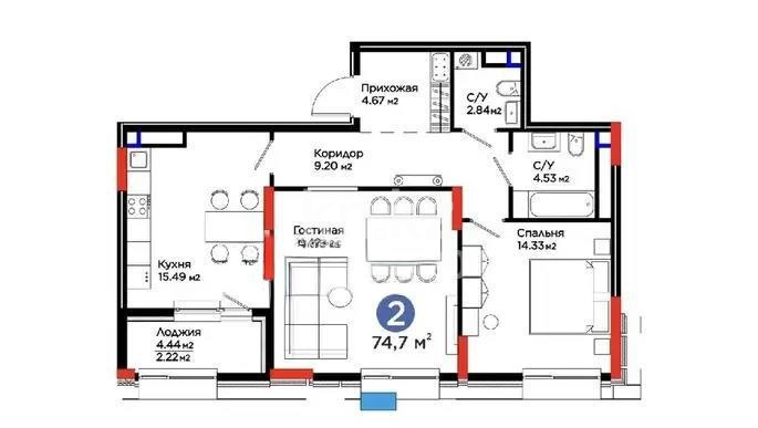 Продажа 2-комнатной квартиры, 74.7 м² в Астане