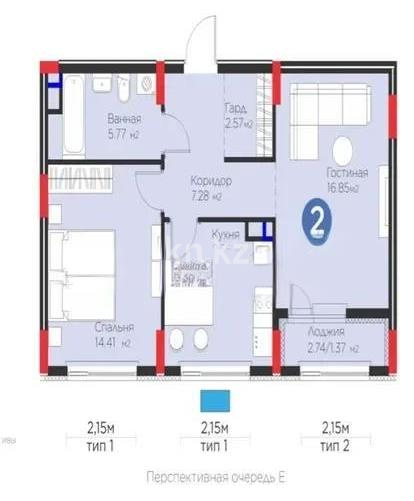 Продажа 2-комнатной квартиры, 57.8 м² в Астане