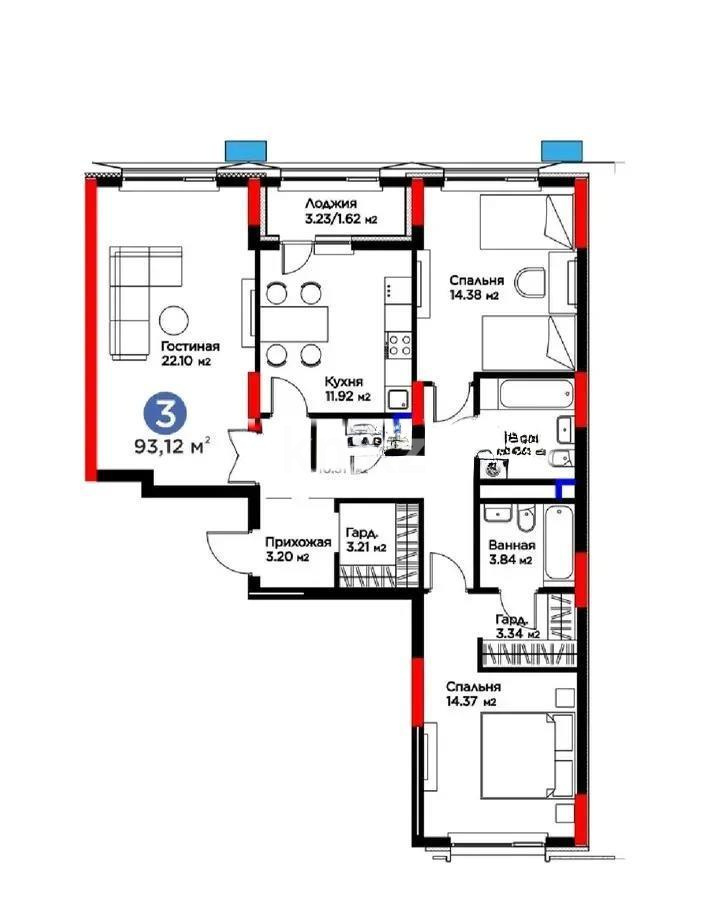 Продажа 3-комнатной квартиры, 93.12 м² в Астане