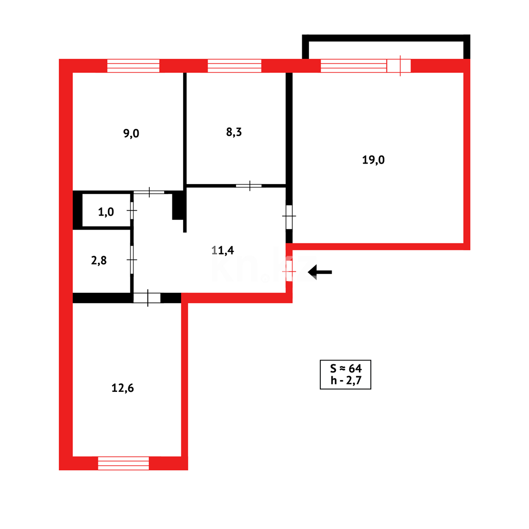 Продажа 3-комнатной квартиры, 63 м², мкр-н Гульдер-1 - Продажа квартир в Караганде фото 13 из 13