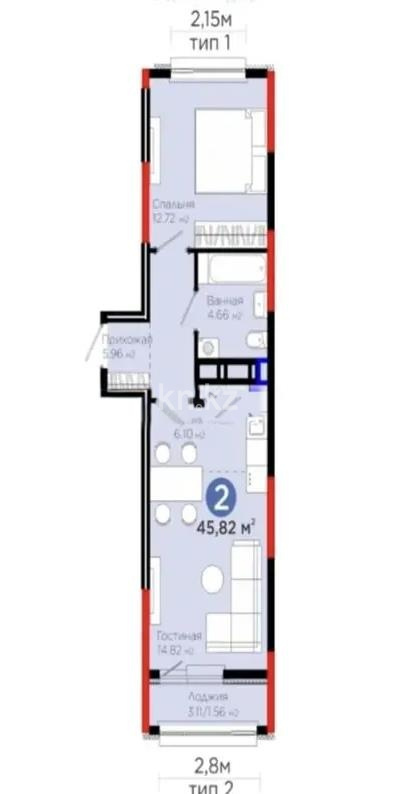Продажа 2-комнатной квартиры, 45.82 м² в Астане