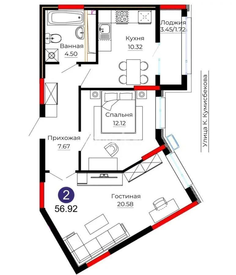 Продажа 2-комнатной квартиры, 56.92 м², ул. Серкебаева, дом  22 - Продажа квартир в Казахстане фото 1 из 1