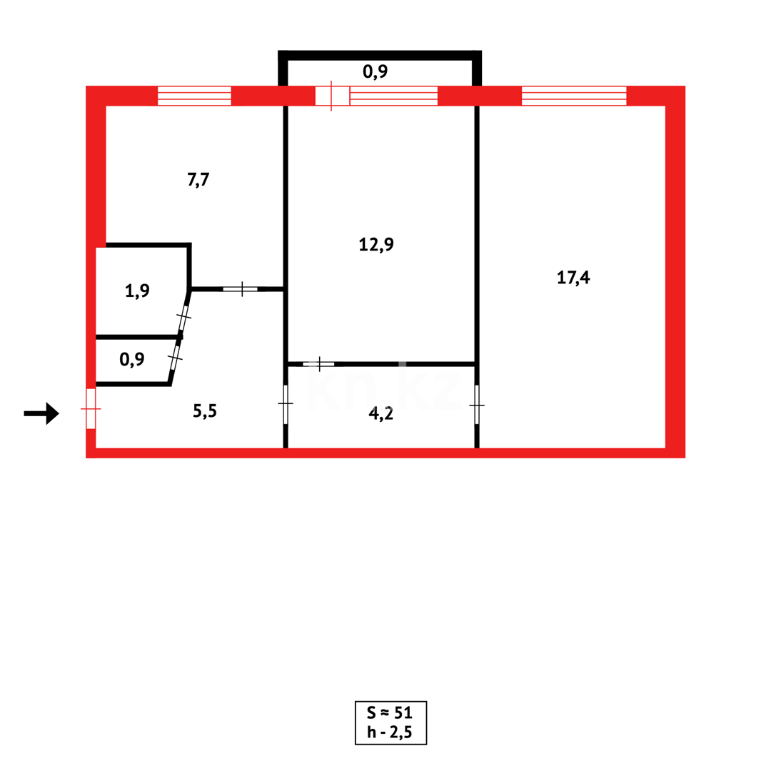Продажа 2-комнатной квартиры, 51 м², пр. Строителей - Продажа  двухкомнатных квартир в Караганде фото 9 из 9