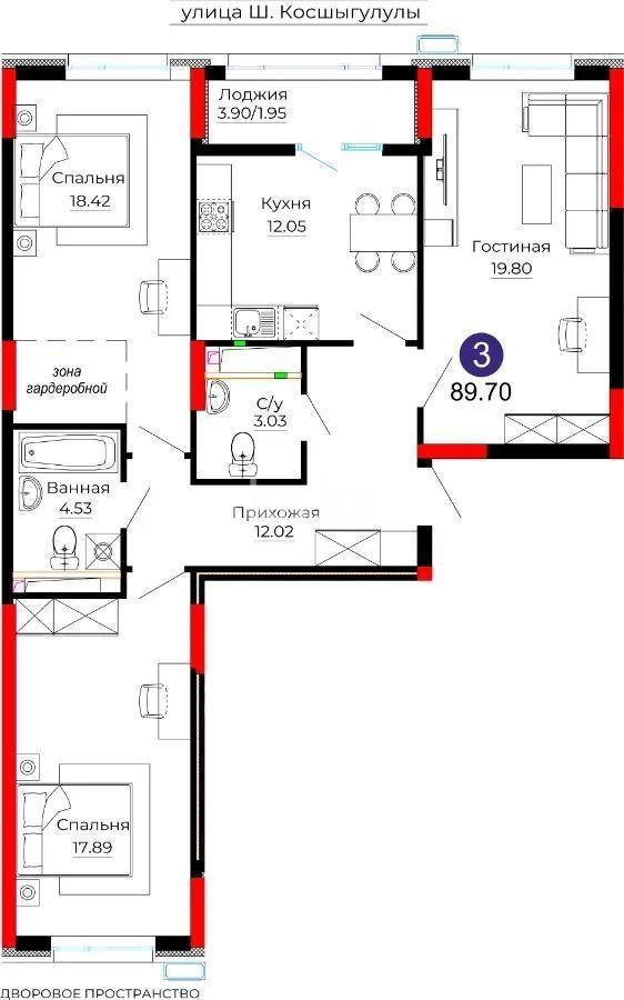 Продажа 3-комнатной квартиры, 89.7 м², ул. Серкебаева, дом  22 - Продажа  трехкомнатных квартир в новостройках Астаны без посредников фото 1 из 1