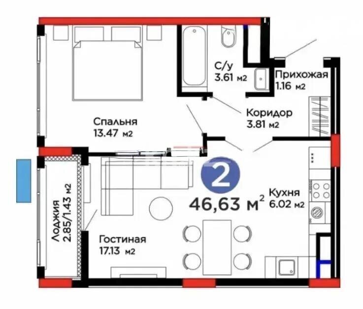 Продажа 2-комнатной квартиры, 46.6 м² в Астане
