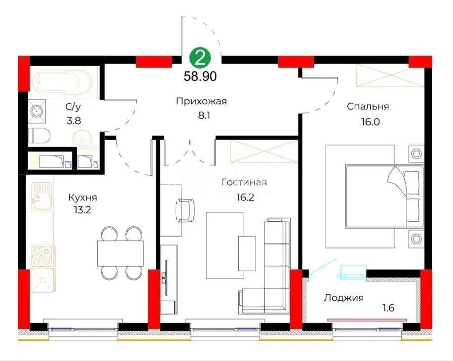 Продажа 2-комнатной квартиры, 58.9 м² в Астане