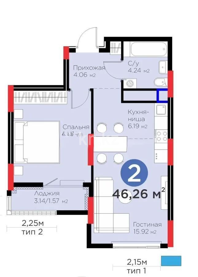Продажа 2-комнатной квартиры, 46.26 м², ул. Рыскулова, дом  18/7 - Продажа  двухкомнатных квартир в новостройках Астаны фото 1 из 1