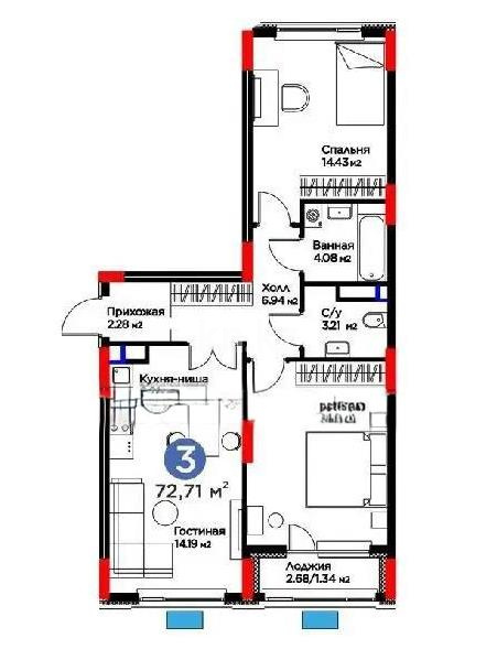 Продажа 3-комнатной квартиры, 68.54 м², ул. Е-117, дом  55 - Продажа  трехкомнатных квартир в Астане с фото фото 1 из 1