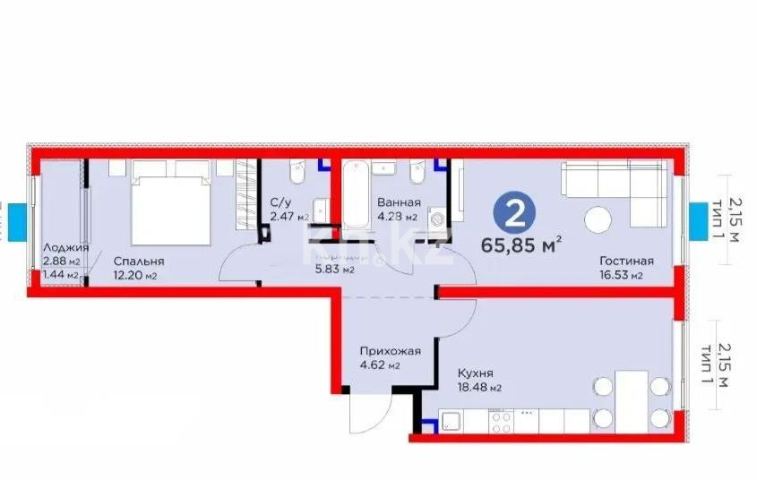 Продажа 2-комнатной квартиры, 65.85 м² - Продажа квартир в Алматы фото 1 из 1