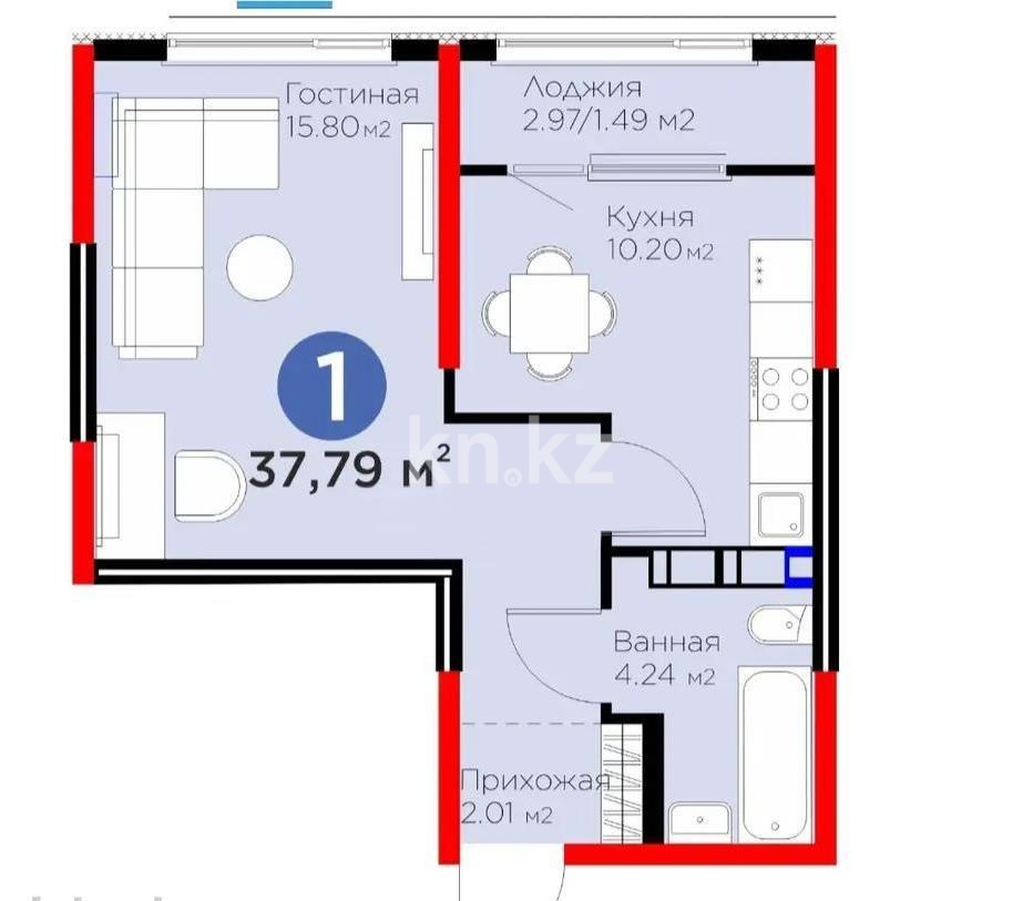 Продажа 1-комнатной квартиры, 37.79 м² в Алматы