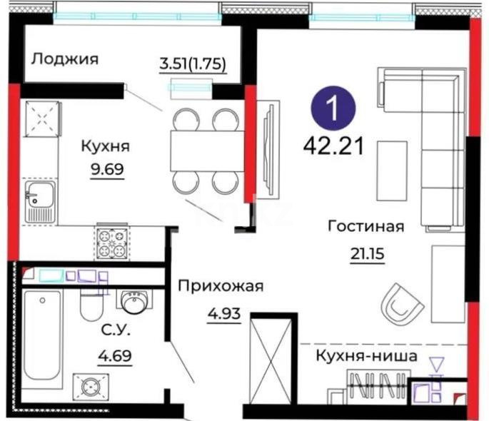 Продажа 1-комнатной квартиры, 42.2 м², ул. Е-429, дом  14 в Астане