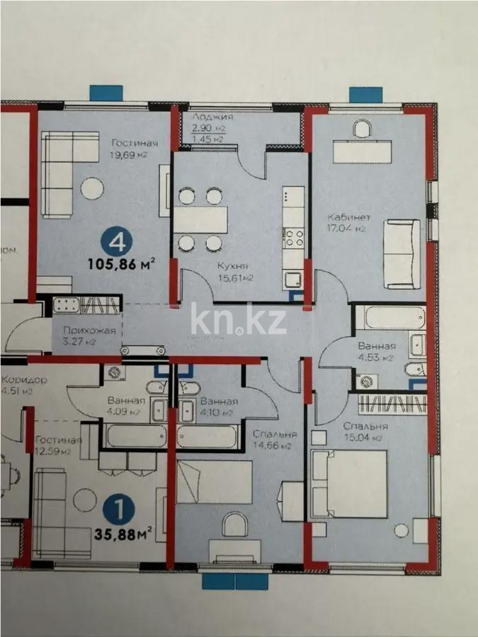 Продажа 4-комнатной квартиры, 105.86 м², ул. Момышулы, дом  11/14а - Продажа квартир в Алматы фото 1 из 1