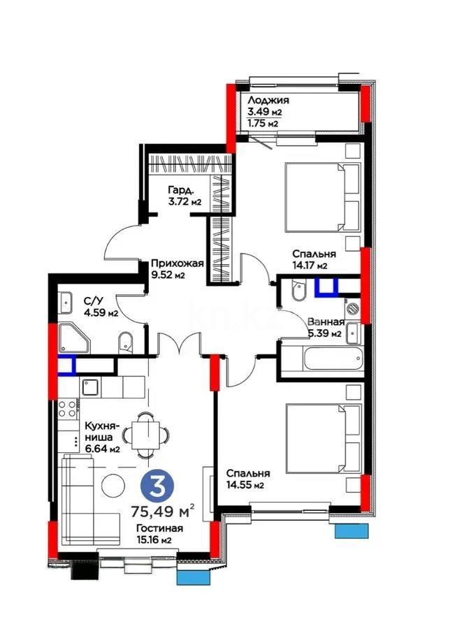 Продажа 3-комнатной квартиры, 75.49 м², ул. Рыскулова, дом  18 - Продажа  трехкомнатных квартир в Астане без посредников с фото фото 1 из 1