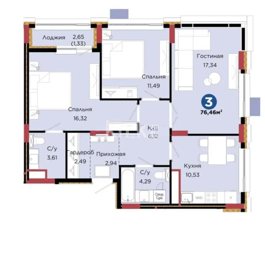 Продажа 3-комнатной квартиры, 76.46 м², ул. Кенесары, дом  64 - Продажа квартир в Казахстане фото 1 из 1
