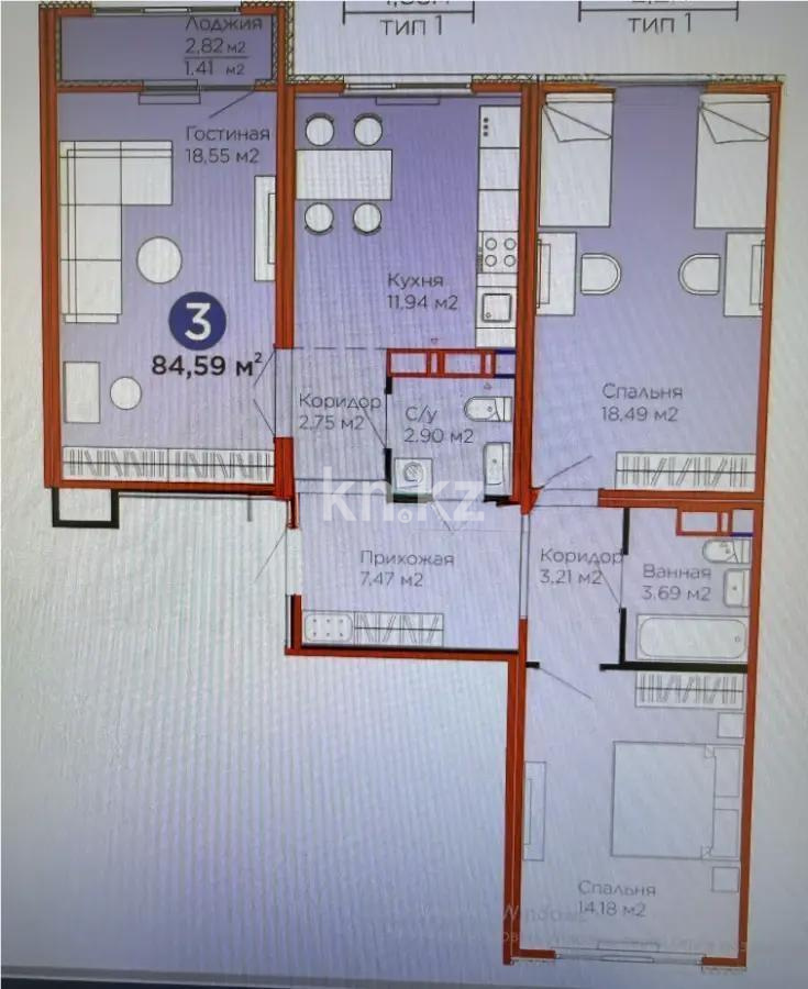 Продажа 3-комнатной квартиры, 84.59 м², пр. Улы Дала, дом  14 стр в Астане