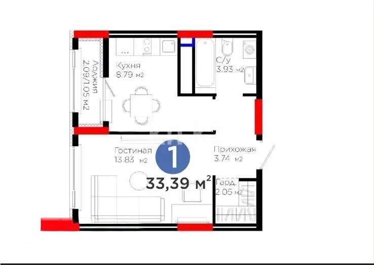 Продажа 1-комнатной квартиры, 33.39 м² в Астане