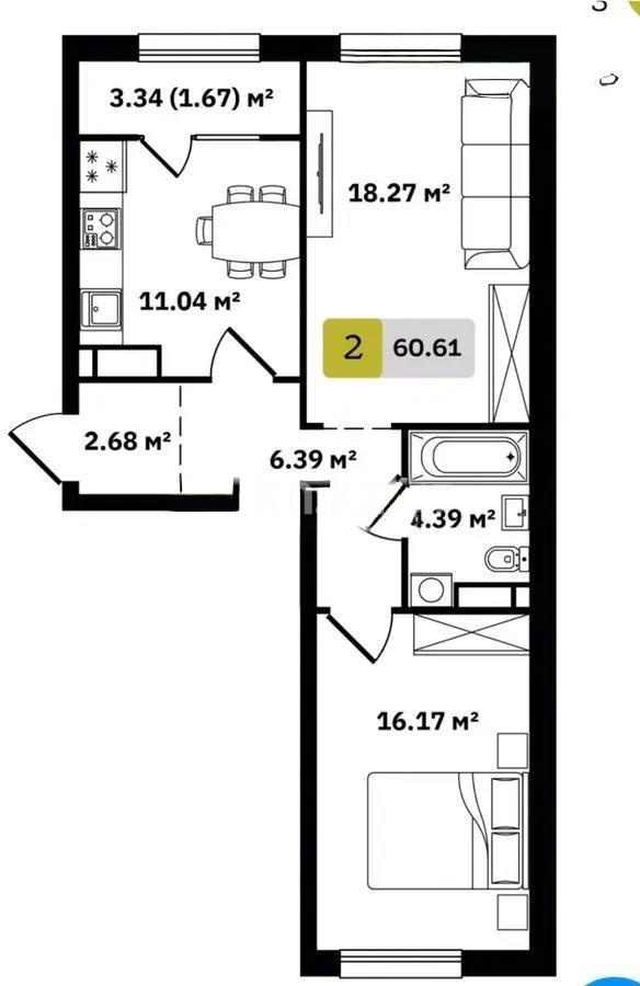 Продажа 2-комнатной квартиры, 60.61 м², ул. Туркестан, дом  115 в Алматы