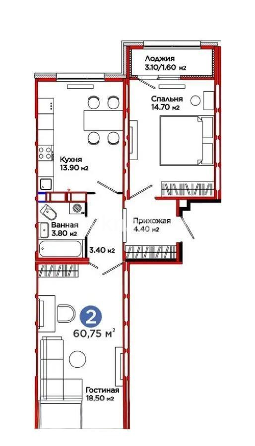 Продажа 2-комнатной квартиры, 60.75 м², ул. Е-103, дом  5 - Продажа квартир в Казахстане фото 1 из 1