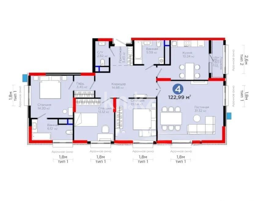 Продажа 4-комнатной квартиры, 123 м², ул. Рыскулова, дом  1/1 - Продажа  четырехкомнатных квартир в новостройках Астаны фото 1 из 1