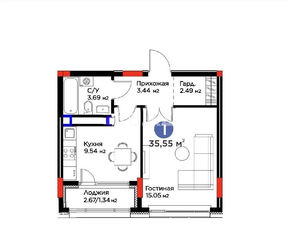 Продажа 1-комнатной квартиры, 35.55 м², ул. Жошы хана, дом  10 - Продажа квартир в Астане фото 1 из 1