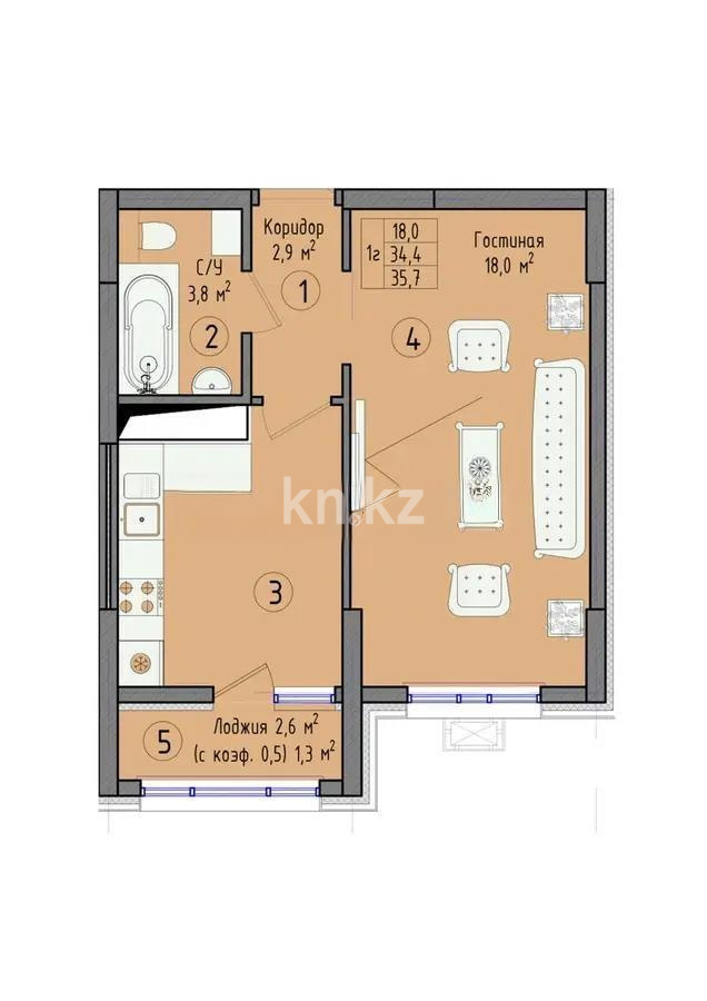 Продажа 1-комнатной квартиры, 35.7 м², ул. Култегин, дом  16 стр в Астане