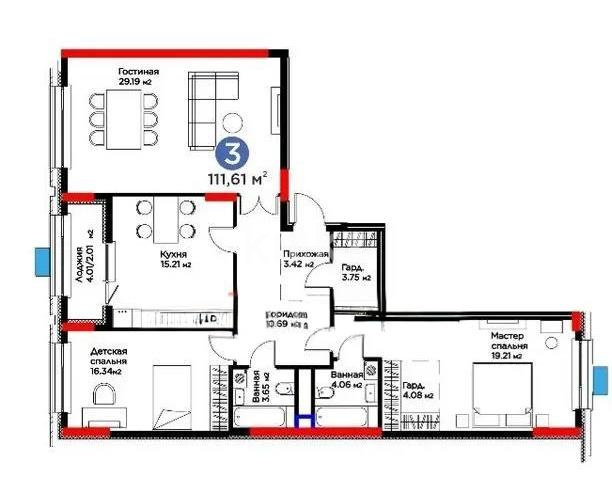 Продажа 3-комнатной квартиры, 111.61 м² в Астане