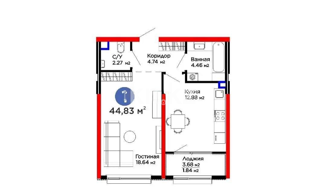 Продажа 1-комнатной квартиры, 44.83 м², пер. Лебедева, дом  1/1 - Продажа квартир в Алматы с фото фото 1 из 1