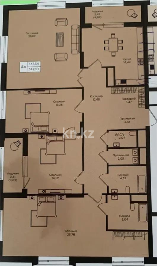 Продажа 4-комнатной квартиры, 142.1 м², пр. Кошкарбаева, дом  1 стр - Продажа  четырехкомнатных квартир в Астане фото 1 из 1