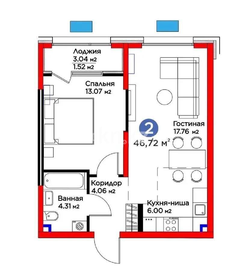 Продажа 2-комнатной квартиры, 46.72 м² в Алматы