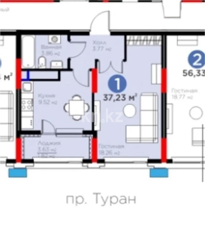 Продажа 1-комнатной квартиры, 37.23 м², пр. Туран, дом  55/5 - Продажа  однокомнатных квартир в новостройках Астаны без посредников с фото фото 1 из 1
