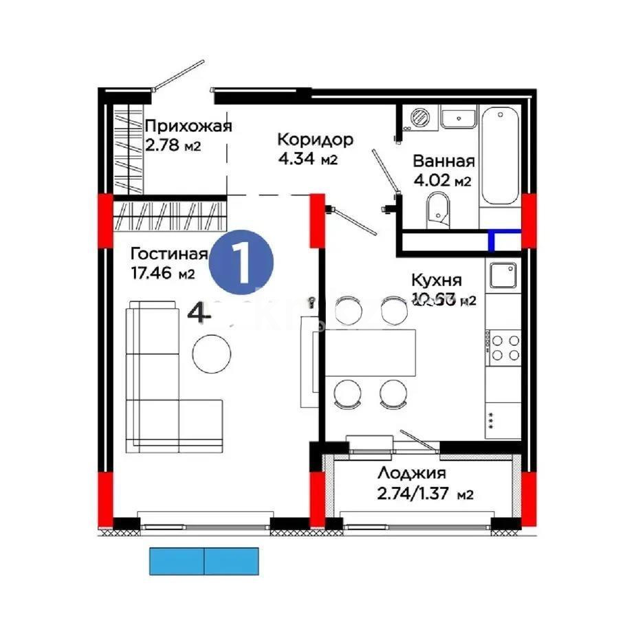 Продажа 1-комнатной квартиры, 40.64 м² в Астане