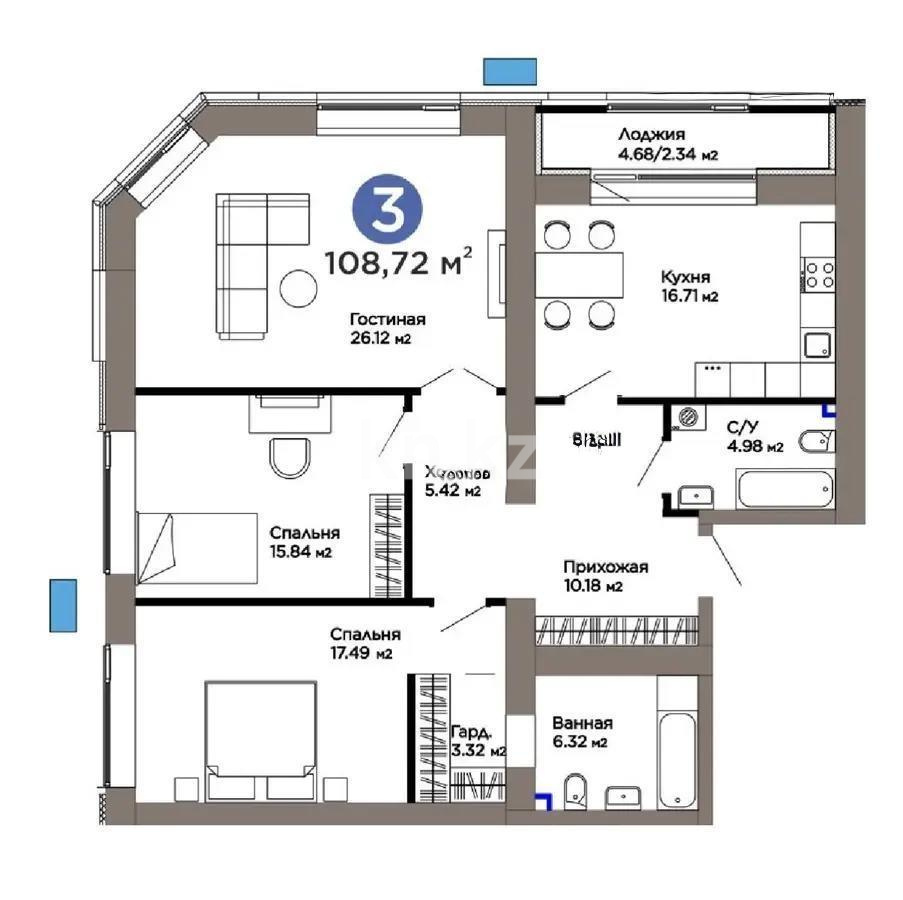 Продажа 3-комнатной квартиры, 109 м² в Астане