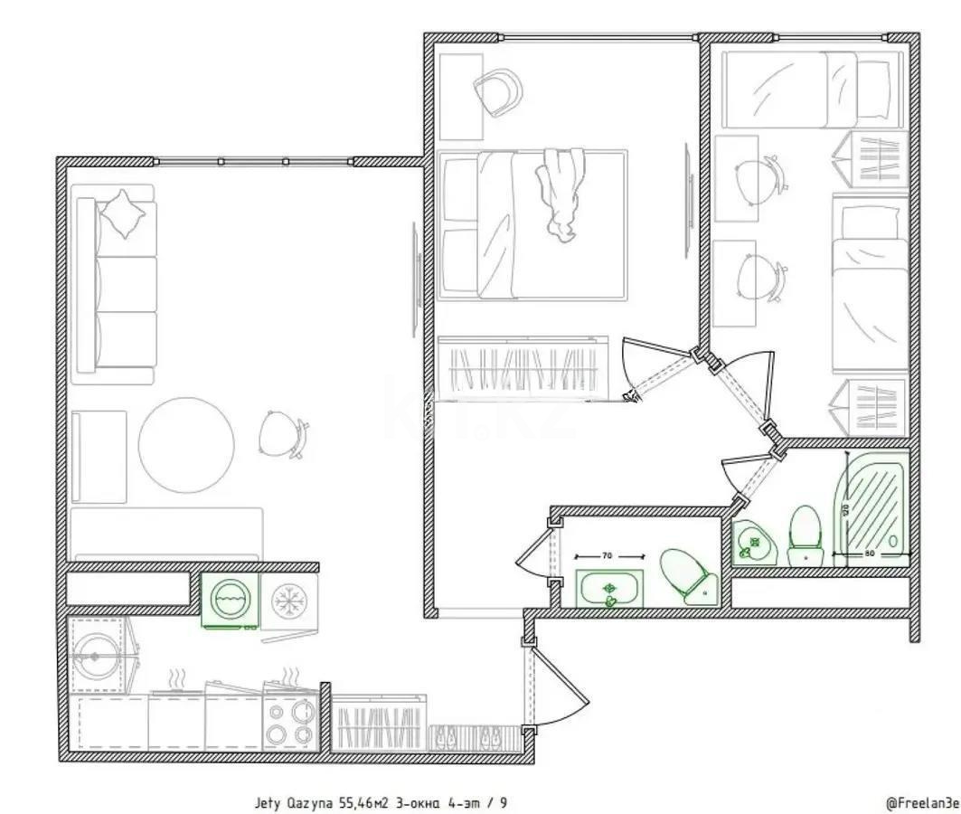 Продажа 2-комнатной квартиры, 55.46 м², ул. Сыбызгы, дом  100 стр - Продажа квартир в Алматы без посредников фото 1 из 1