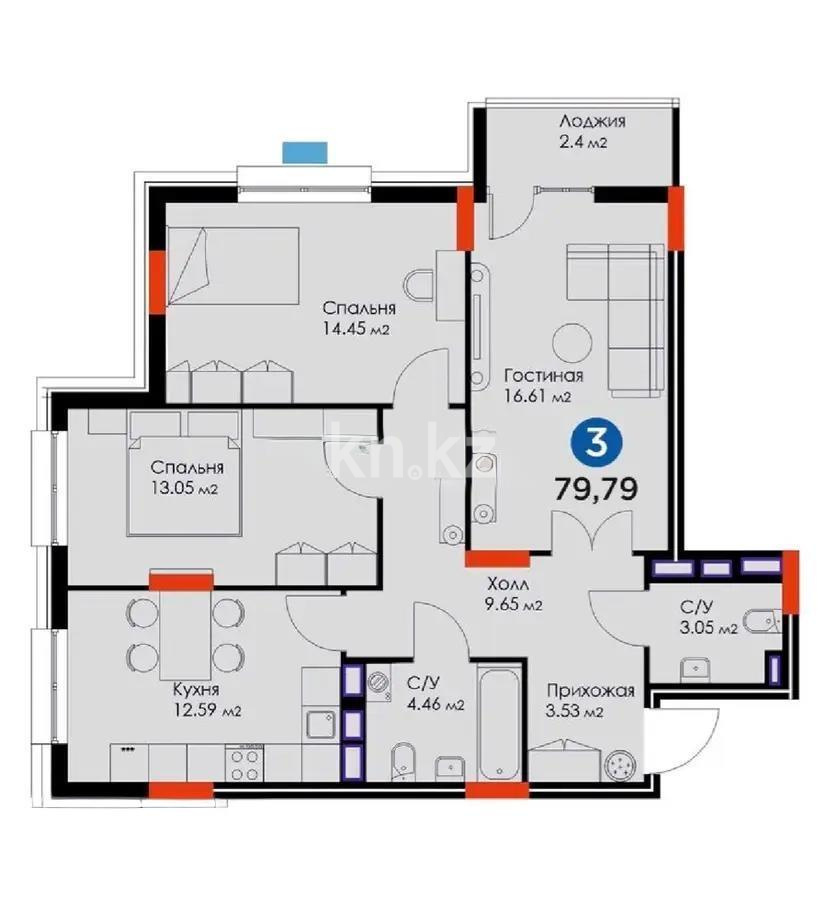 Продажа 3-комнатной квартиры, 79.4 м², ул. Онгарсыновой, дом  8 - Продажа  трехкомнатных квартир в новостройках Астаны фото 8 из 8