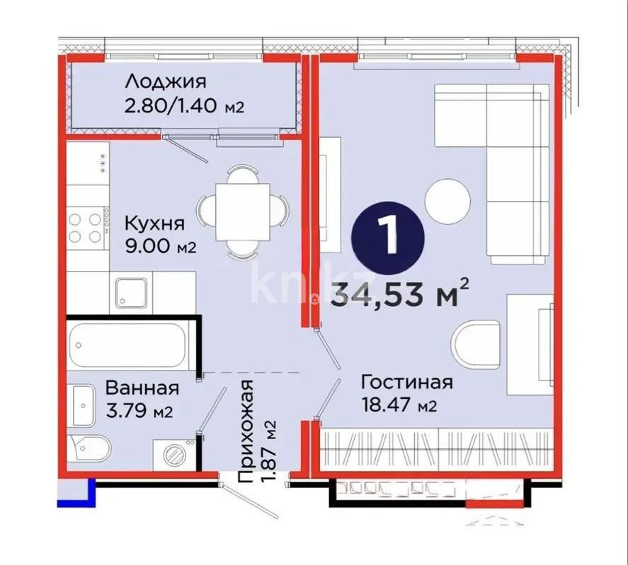 Продажа 1-комнатной квартиры, 34.53 м² в Астане