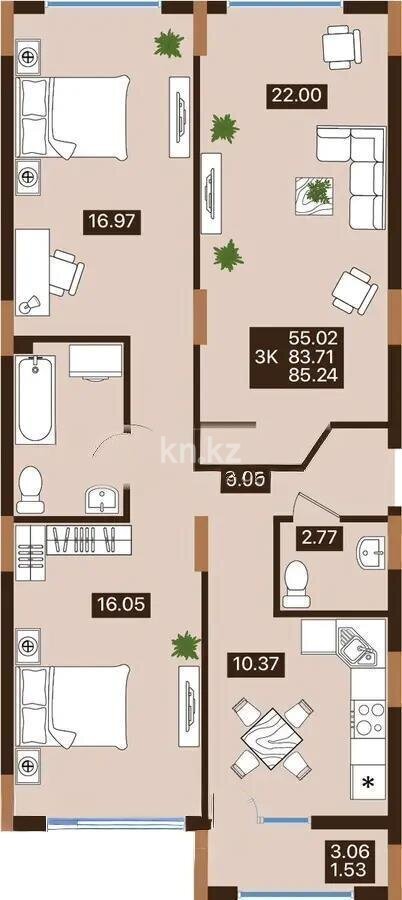 Продажа 3-комнатной квартиры, 85.24 м² в Астане