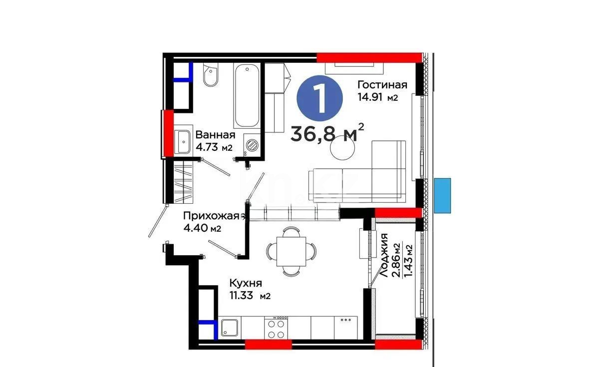 Продажа 1-комнатной квартиры, 37 м², ул. Е-796, дом  1 стр - Продажа квартир в новостройках Астаны фото 5 из 5