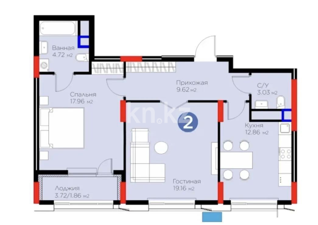 Продажа 2-комнатной квартиры, 69.21 м² в Астане