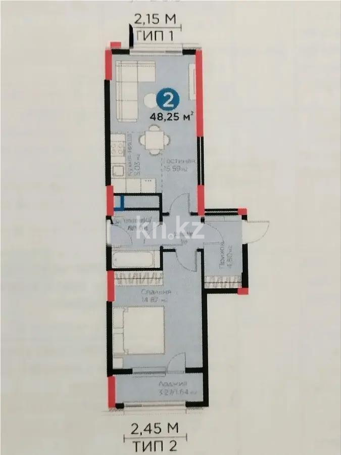 Продажа 2-комнатной квартиры, 48.25 м², ул. Е-915, дом  15 - Продажа квартир в новостройках Астаны с фото фото 1 из 1