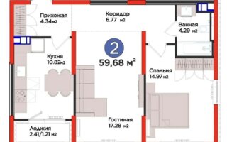 Продажа 2-комнатной квартиры, 59.68 м²