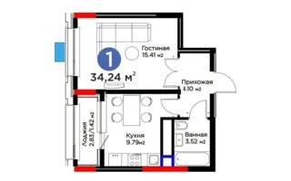 Продажа 1-комнатной квартиры, 34.7 м²