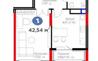 Продажа 1-комнатной квартиры, 42.54 м²