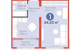 Продажа 1-комнатной квартиры, 34.53 м²