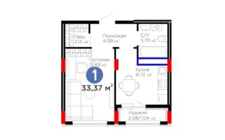 Продажа 1-комнатной квартиры, 33.37 м²