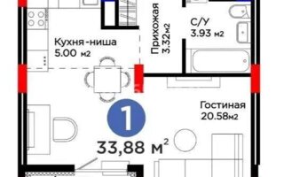 Продажа 1-комнатной квартиры, 33.88 м²