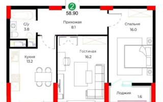 Продажа 2-комнатной квартиры, 58.9 м²