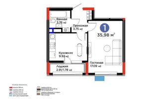 Продажа 1-комнатной квартиры, 35.98 м²