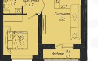 Продажа 2-комнатной квартиры, 51.1 м²